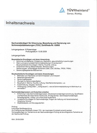 TÜV-Rheinland Zertifikat Schimmelpilz-Sachverständiger Schenk | Sachverständige/r für Erkennung, Bewertung und Sanierung von Schimmelpilzbelastungen (TÜV), Zertifikats-Nr. 63865