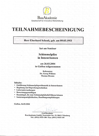 Zertifikat Schimmelpilze in Innenräumen Zertifikat Schimmelpilze in Innenräumen