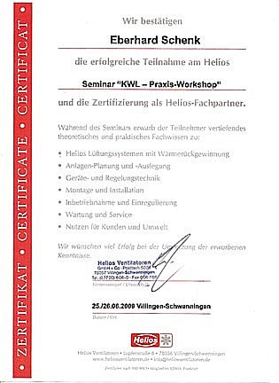 Zertifikat Lüftungstechnik KWL-Workshop (Fa. Helios)