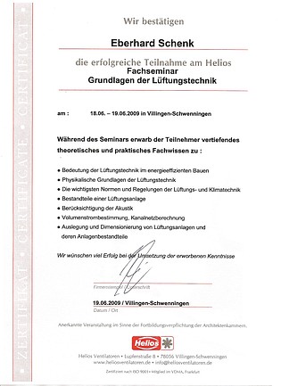Zertifikat Grundlagen Lüftungstechnik (Fa. Helios)
