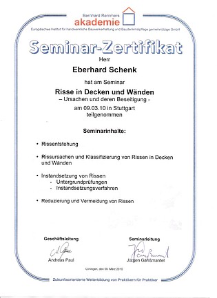 Zertifikat Risse in Decken und Wänden: Ursachen und deren Beseitigung