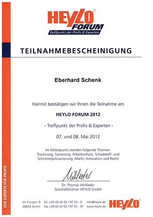 Teilnahmebescheinigung HEYLO-Forum 2012 Schimmelpilzsanierung, Bauschadensanierung Teilnahmebescheinigung HEYLO-Forum 2012 Schimmelpilzsanierung, Bauschadensanierung