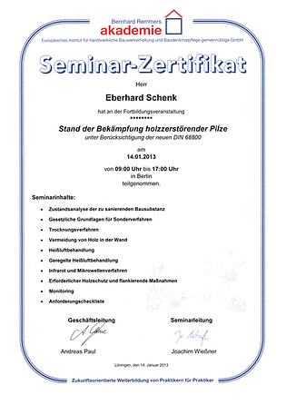 Zertifikat: Bekämpfung holzzerstörender Pilze (Remmers Akademie)