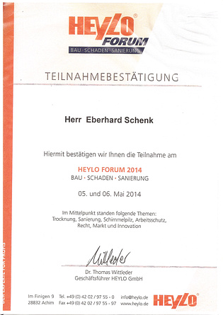 Teilnahmebescheinigung HEYLO-Forum 2014 Schimmelpilzsanierung, Bauschadensanierung Teilnahmebescheinigung HEYLO-Forum 2014 Schimmelpilzsanierung, Bauschadensanierung