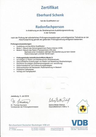 Zertifikat zur Qualifikation als Radonfachperson (VDB) Zertifikat zur Qualifikation als Radonfachperson (VDB)